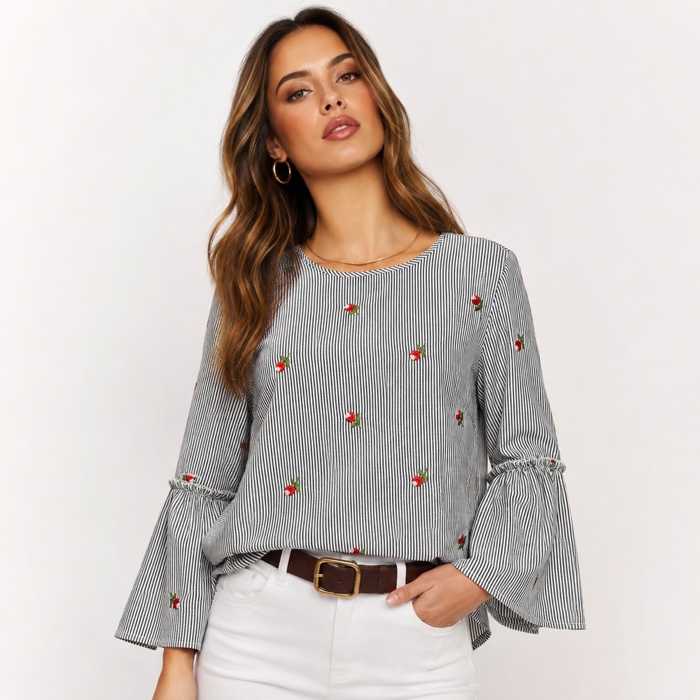 Kontrol Contemporary Rose Embroidered Striped Bell Sleeve Blouse Top Size S